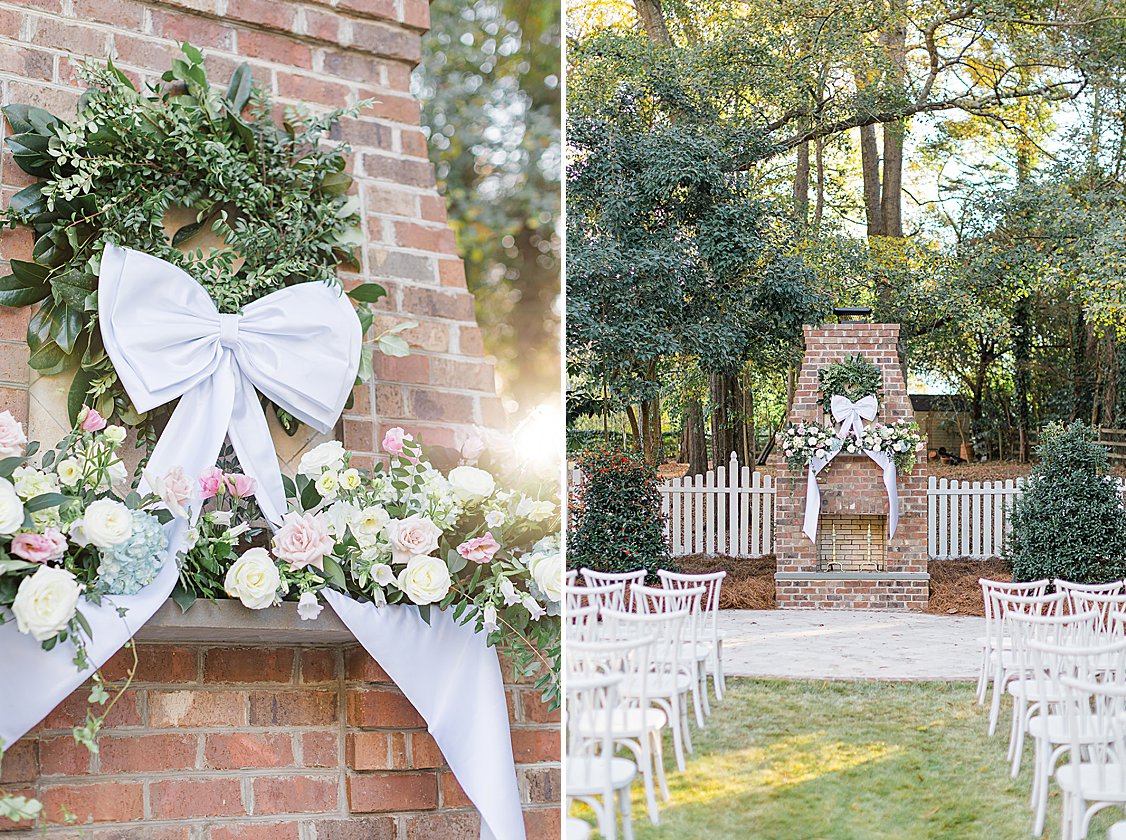 Bridgerton-inspired wedding ceremony on a private estate near Columbia, SC with pastel florals and winter greenery.
