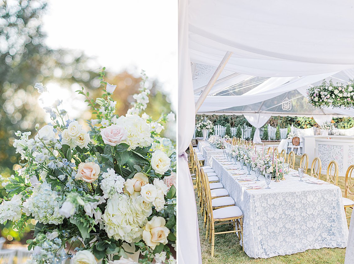 Luxury tented wedding reception with flowing drapery, glowing chandeliers, and elegant pastel table settings at private estate.
