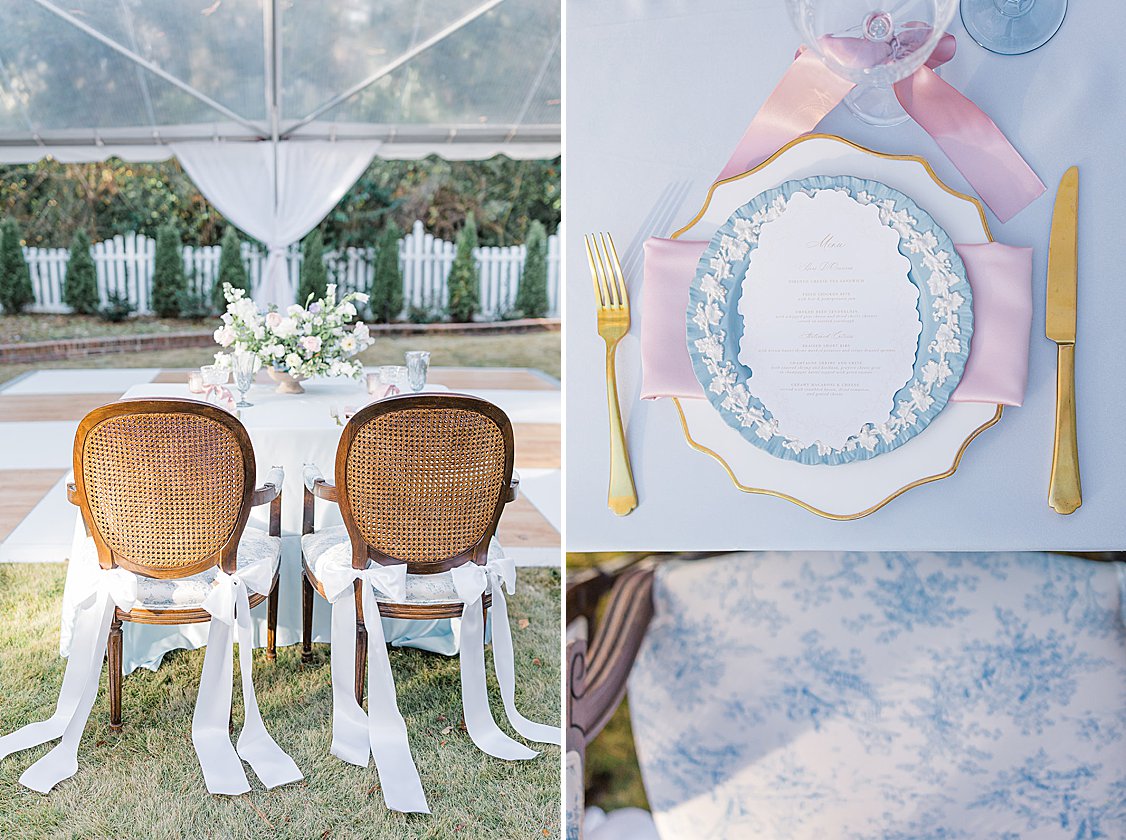 Luxury tented wedding reception with flowing drapery, glowing chandeliers, and elegant pastel table settings at private estate.