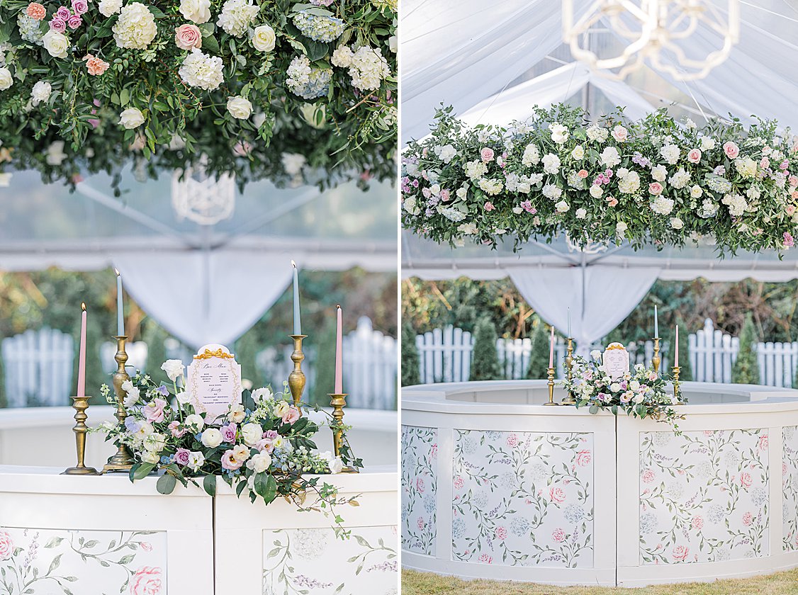 Luxury tented wedding reception with flowing drapery, glowing chandeliers, and elegant pastel table settings at private estate.