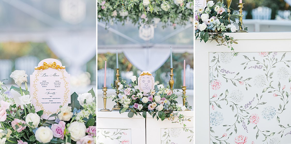 Luxury tented wedding reception with flowing drapery, glowing chandeliers, and elegant pastel table settings at private estate.