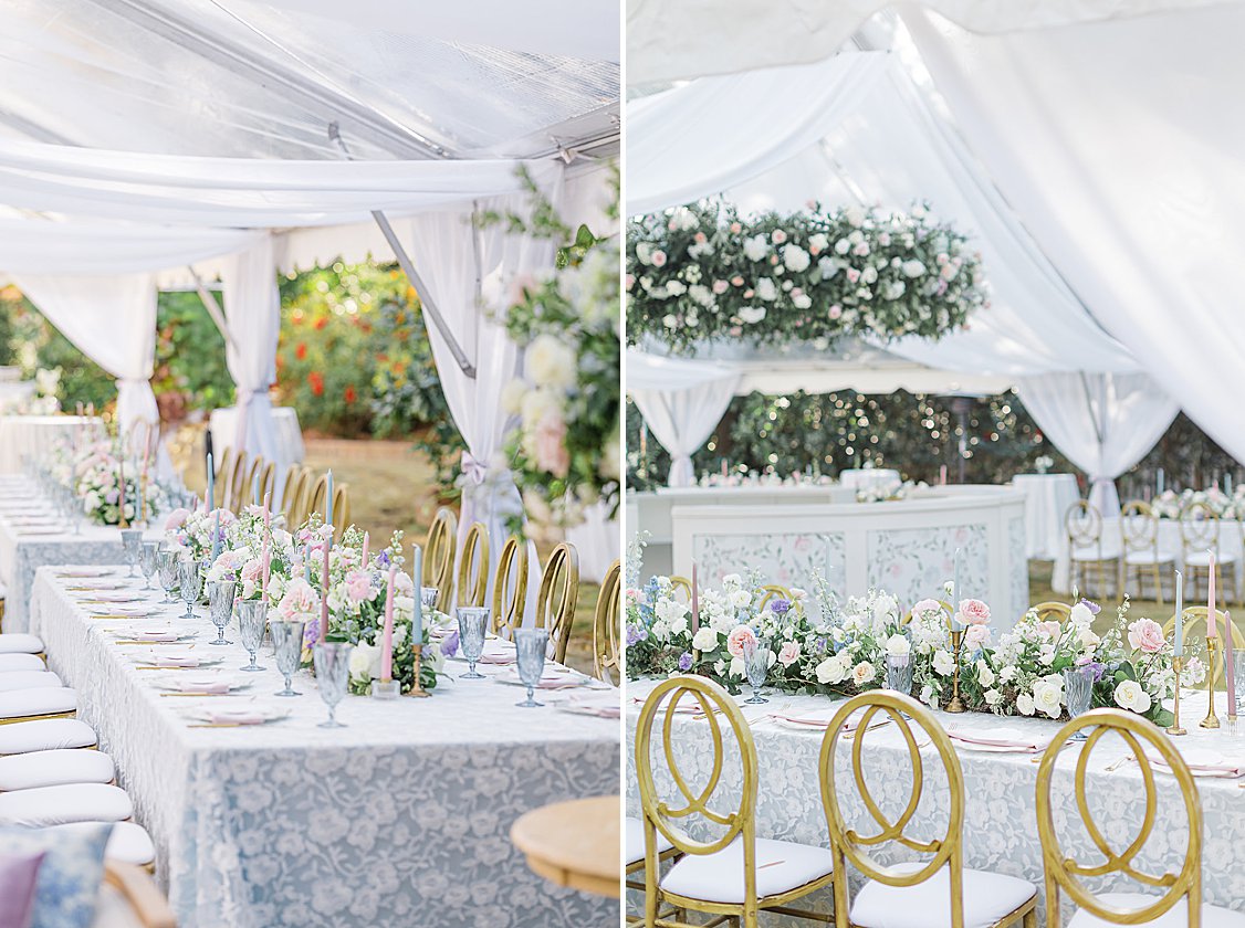 Luxury tented wedding reception with flowing drapery, glowing chandeliers, and elegant pastel table settings at private estate.
