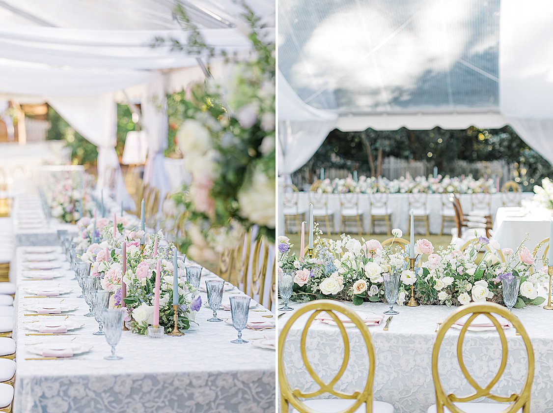 Luxury tented wedding reception with flowing drapery, glowing chandeliers, and elegant pastel table settings at private estate.
