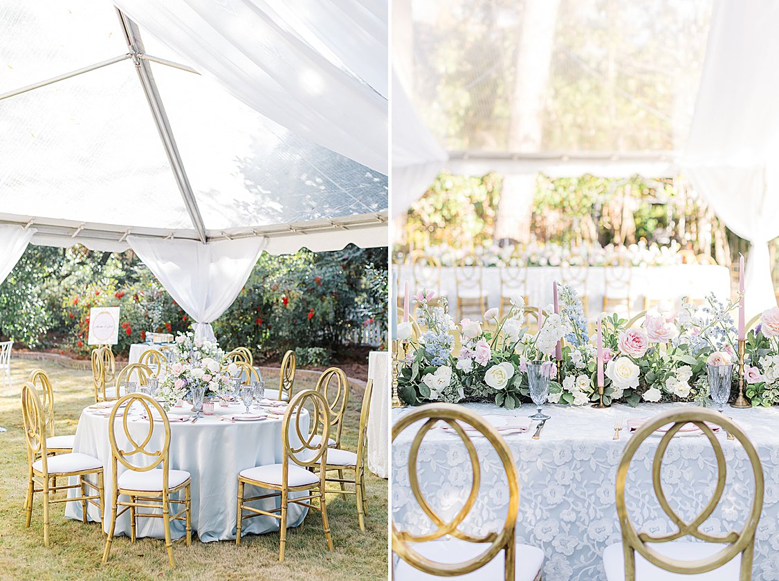 Lush pastel floral arrangements and fine linens on long tables at luxury private estate wedding near Columbia, SC.