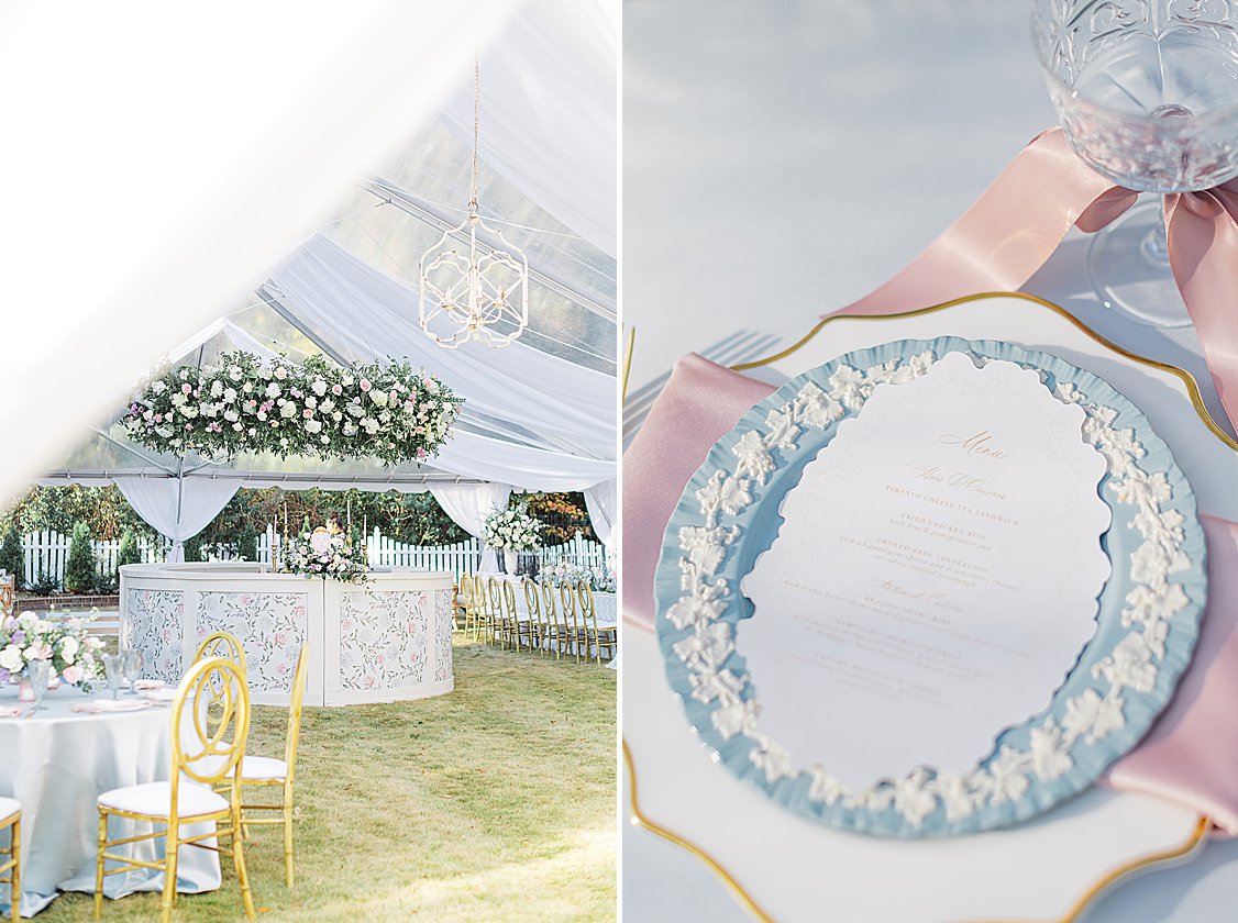 Custom 360-degree wedding bar at a private estate reception, styled with flowers and elegant design elements.