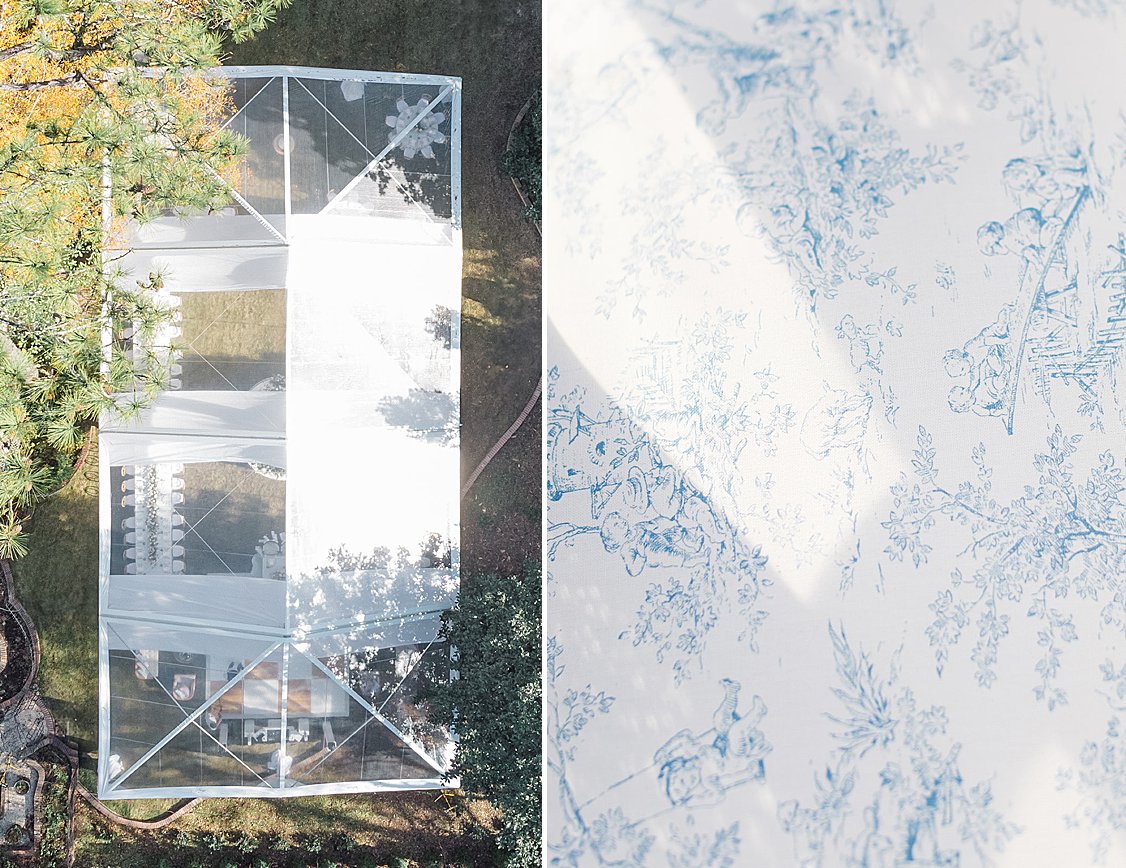 Luxury tented wedding reception with flowing drapery, glowing chandeliers, and elegant pastel table settings at private estate.