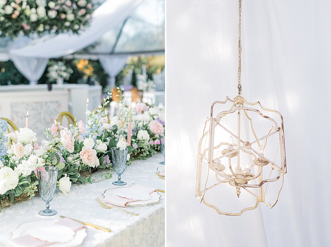 Candlelit tables with romantic floral arrangements for a Bridgerton-inspired private estate wedding near Columbia, SC.