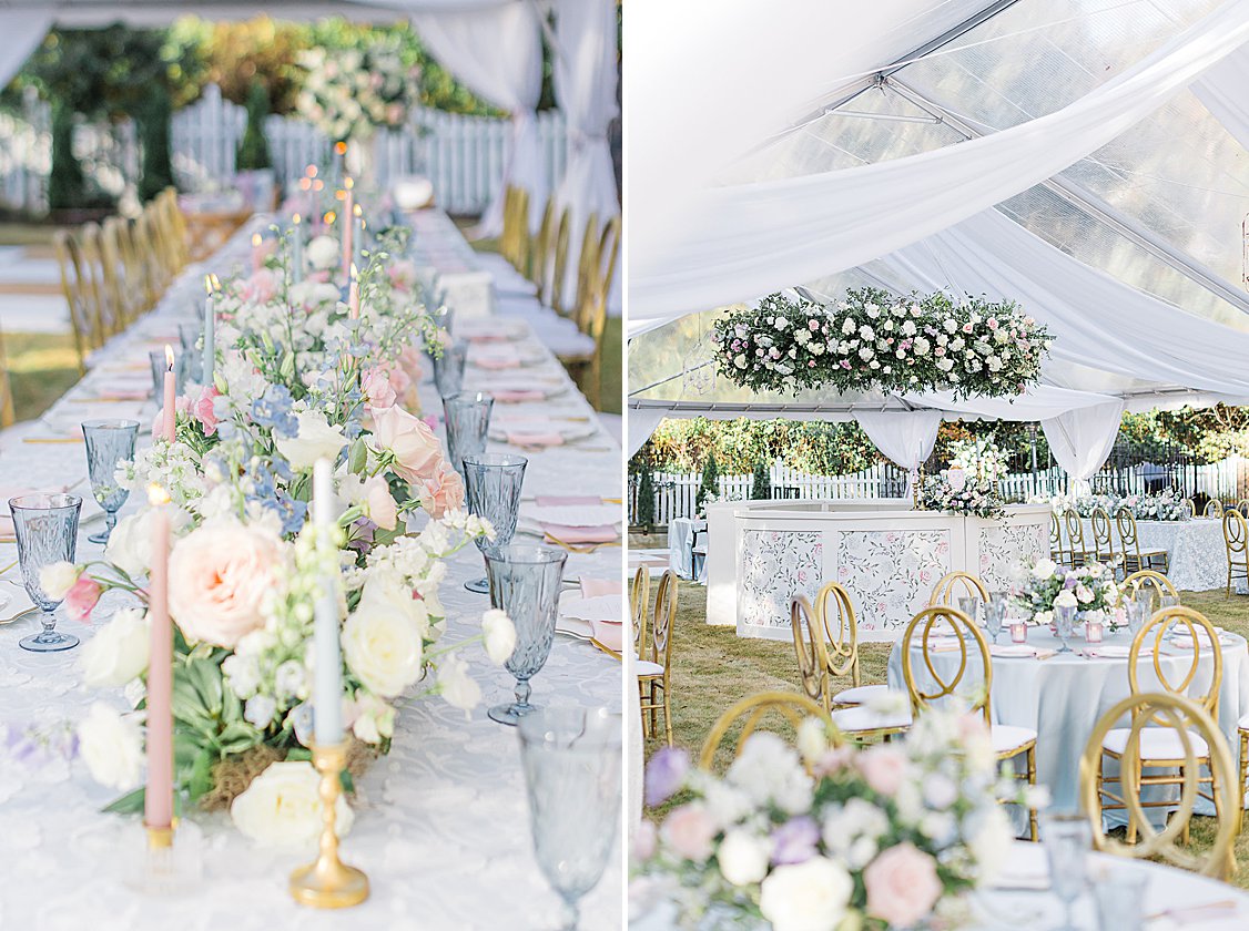 Candlelit tables with romantic floral arrangements for a Bridgerton-inspired private estate wedding near Columbia, SC.