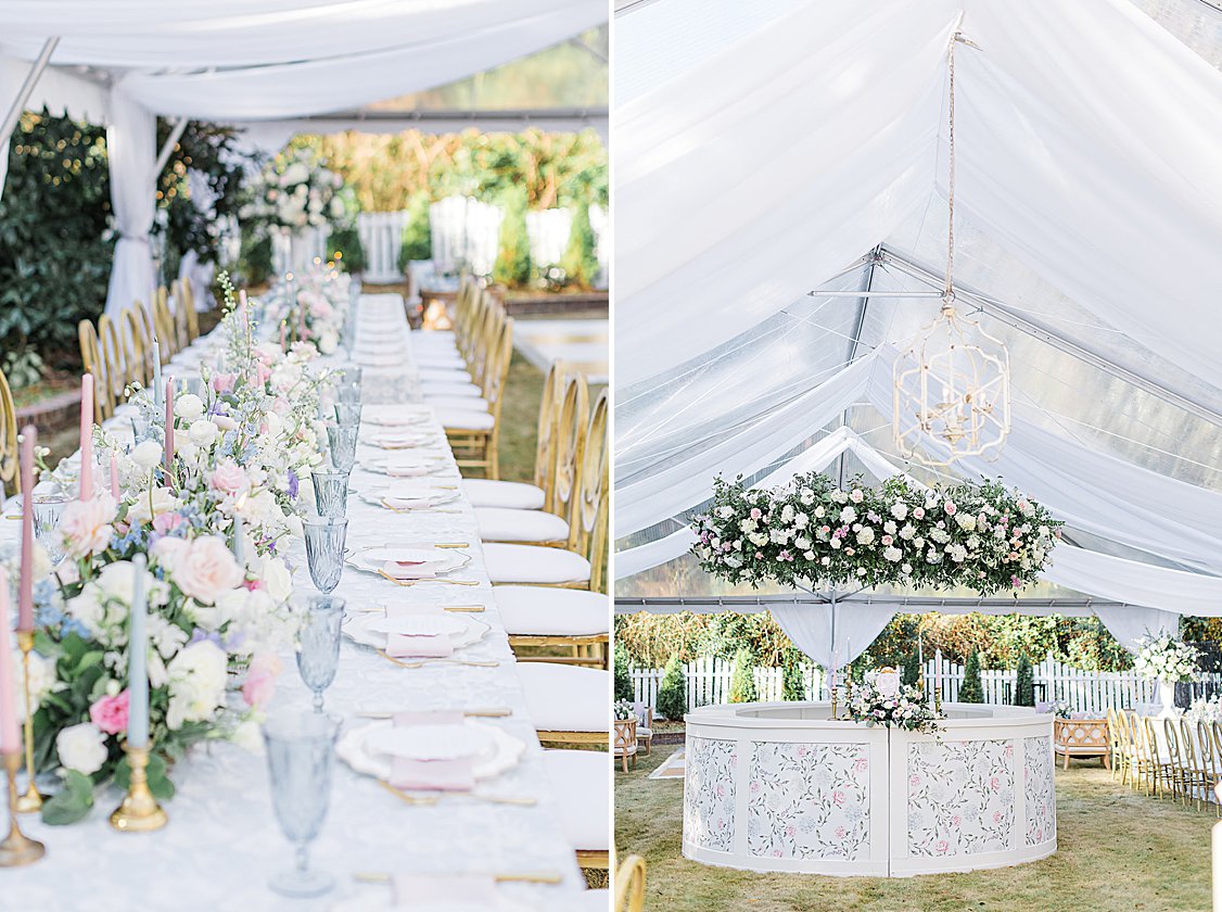 Candlelit tables with romantic floral arrangements for a Bridgerton-inspired private estate wedding near Columbia, SC.
