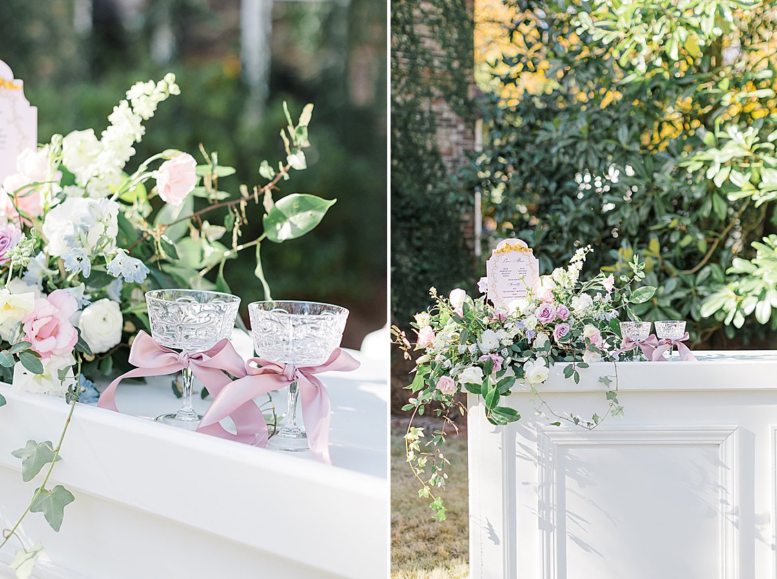 Bridgerton-inspired wedding ceremony on a private estate near Columbia, SC with pastel florals and winter greenery.