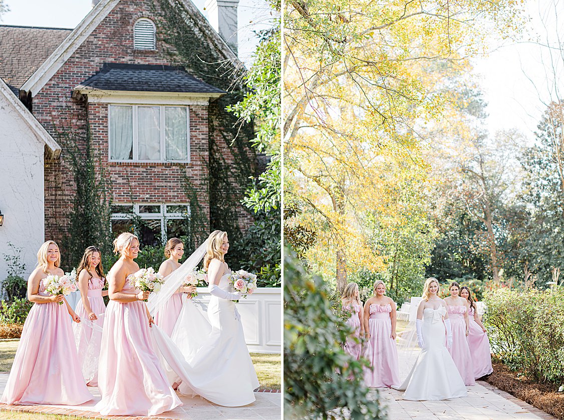 Maddie + Zach posing outside their private estate wedding venue with soft pastel decor and elegant winter setting.