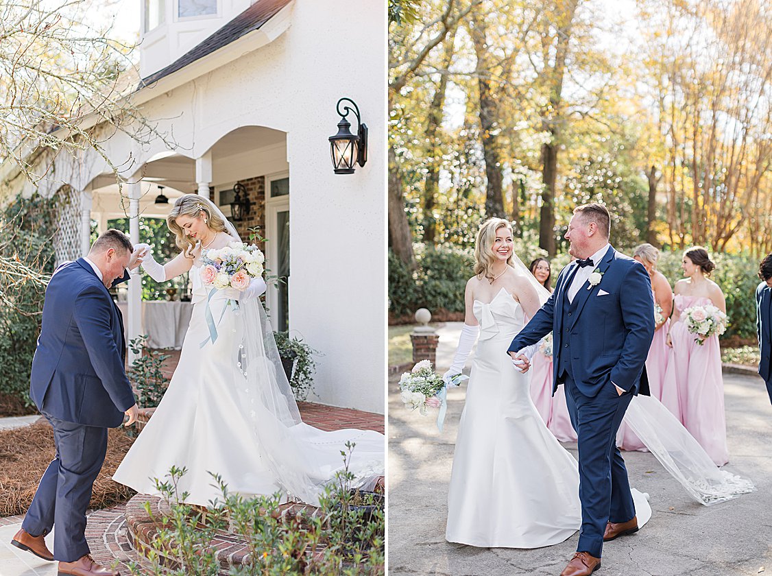 Maddie + Zach posing outside their private estate wedding venue with soft pastel decor and elegant winter setting.