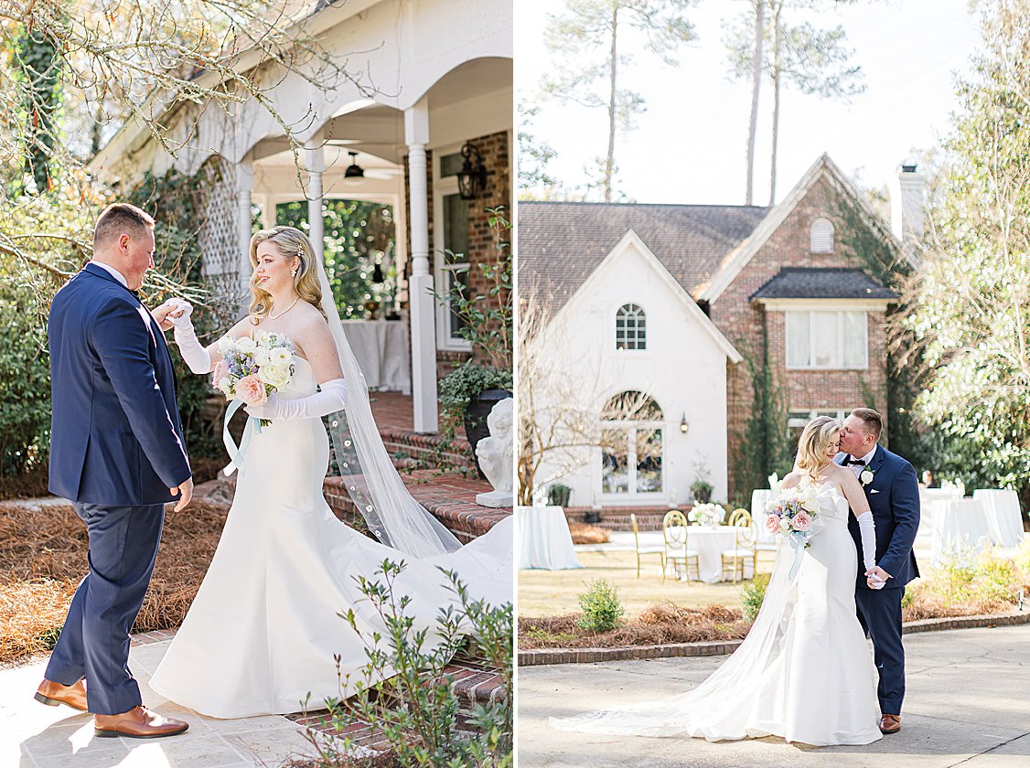 Maddie + Zach posing outside their private estate wedding venue with soft pastel decor and elegant winter setting.