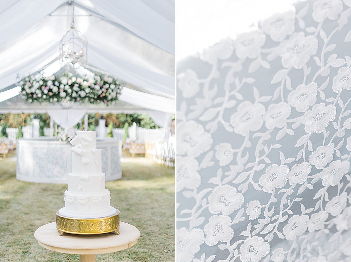 Lush pastel floral arrangements and fine linens on long tables at luxury private estate wedding near Columbia, SC.