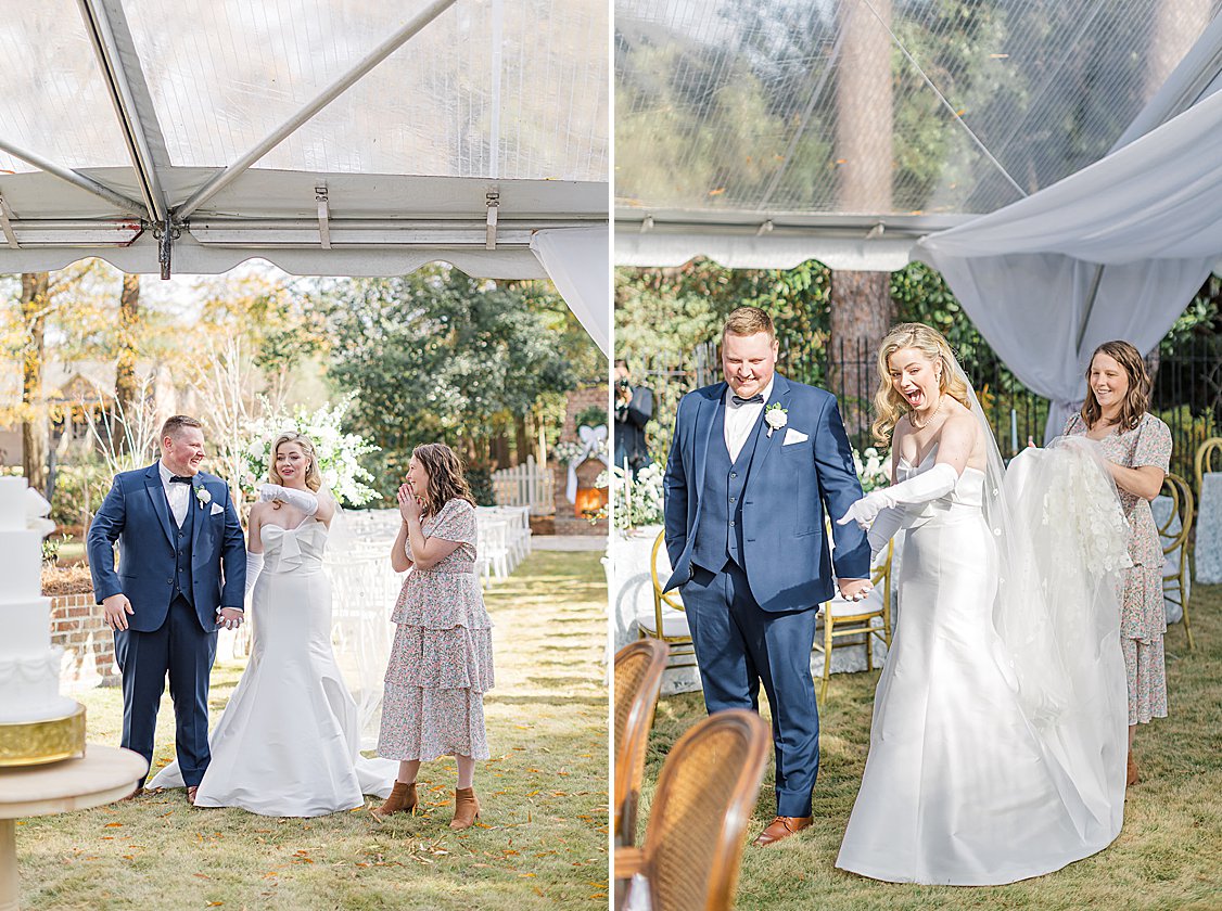Maddie + Zach posing outside their private estate wedding venue with soft pastel decor and elegant winter setting.