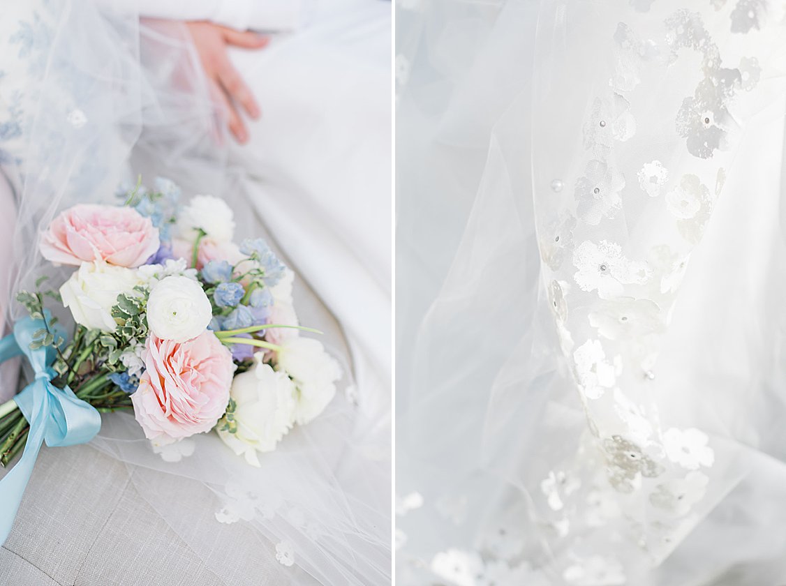 Lush pastel floral arrangements and fine linens on long tables at luxury private estate wedding near Columbia, SC.