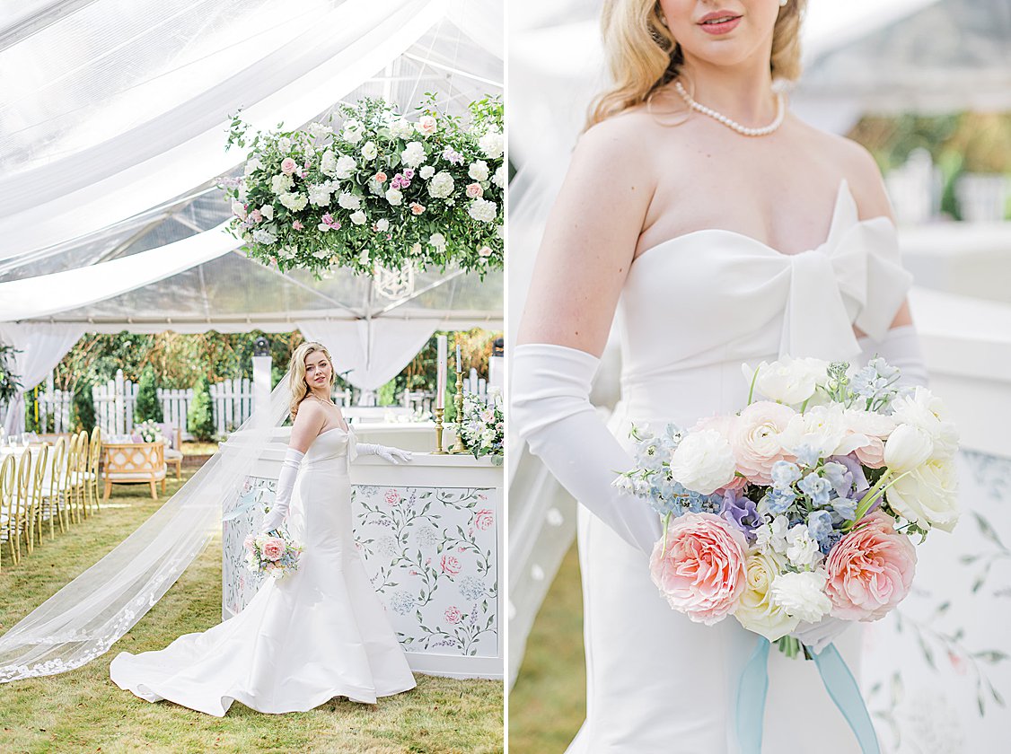 Maddie + Zach posing outside their private estate wedding venue with soft pastel decor and elegant winter setting.