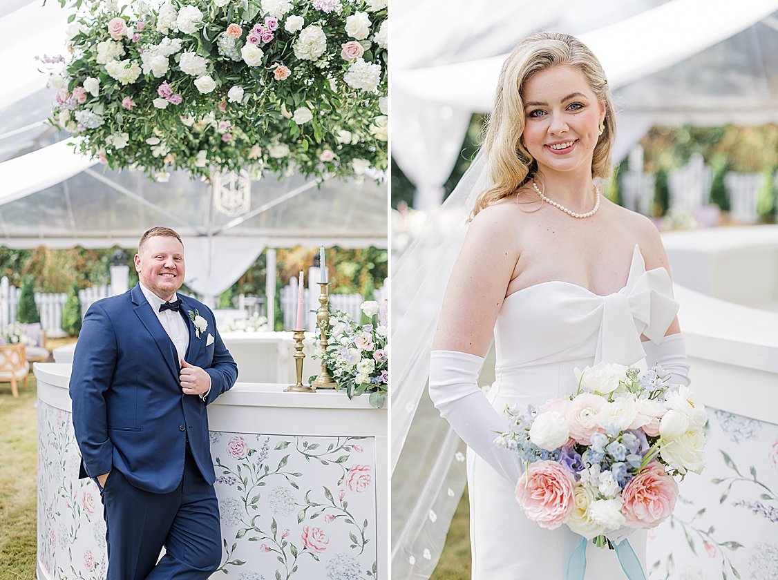 Maddie + Zach posing outside their private estate wedding venue with soft pastel decor and elegant winter setting.