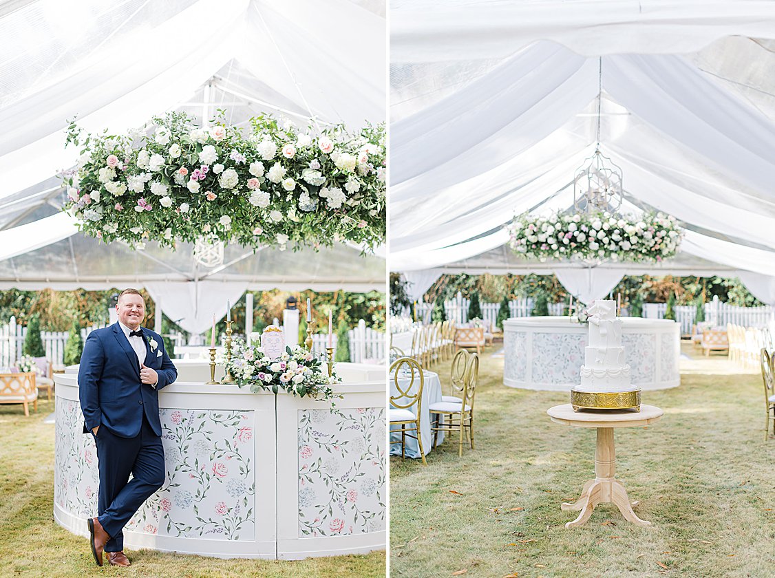Maddie + Zach posing outside their private estate wedding venue with soft pastel decor and elegant winter setting.