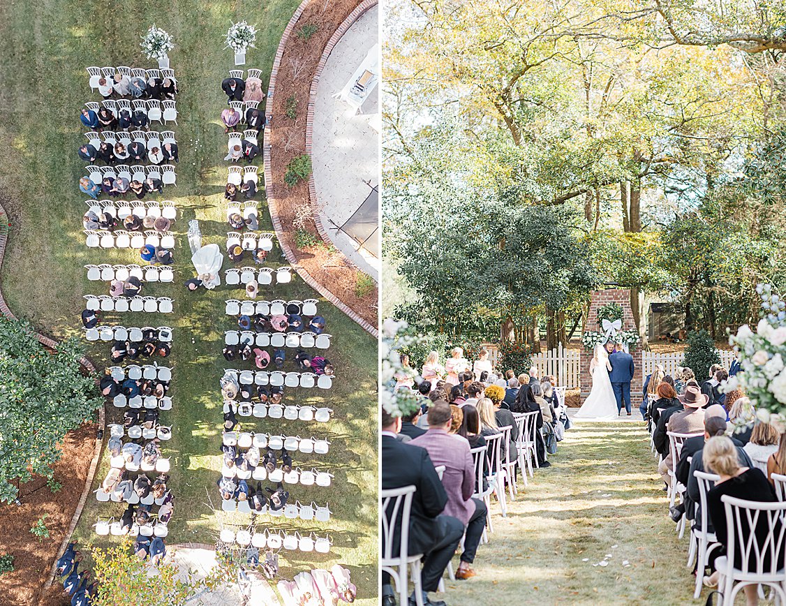 Bridgerton-inspired wedding ceremony on a private estate near Columbia, SC with pastel florals and winter greenery.