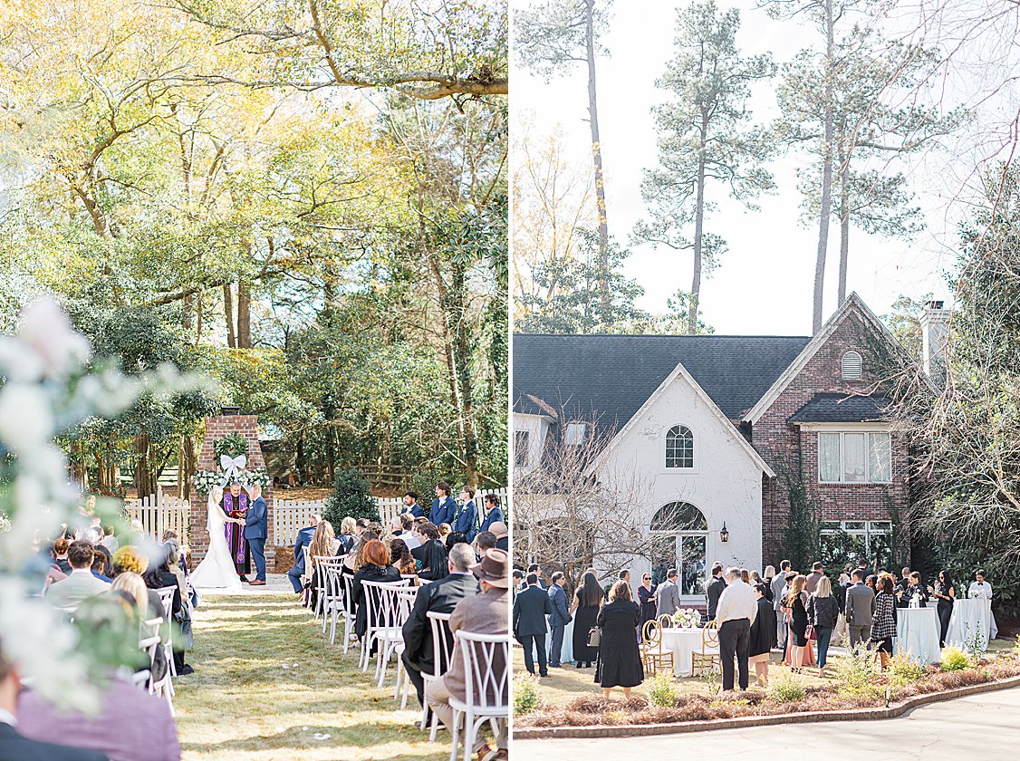 Bridgerton-inspired wedding ceremony on a private estate near Columbia, SC with pastel florals and winter greenery.