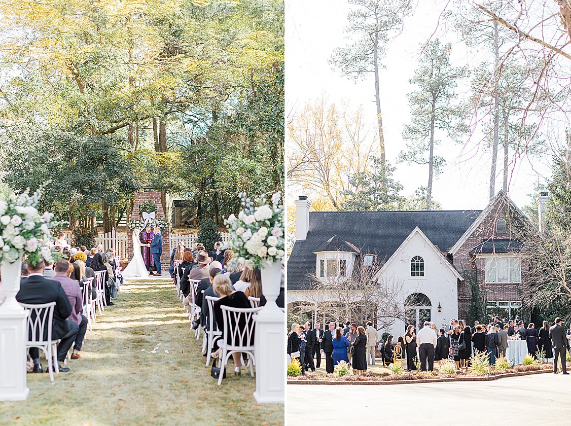 Bridgerton-inspired wedding ceremony on a private estate near Columbia, SC with pastel florals and winter greenery.