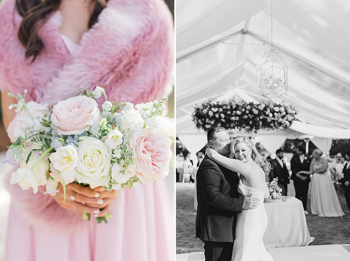 Luxury tented wedding reception with flowing drapery, glowing chandeliers, and elegant pastel table settings at private estate.