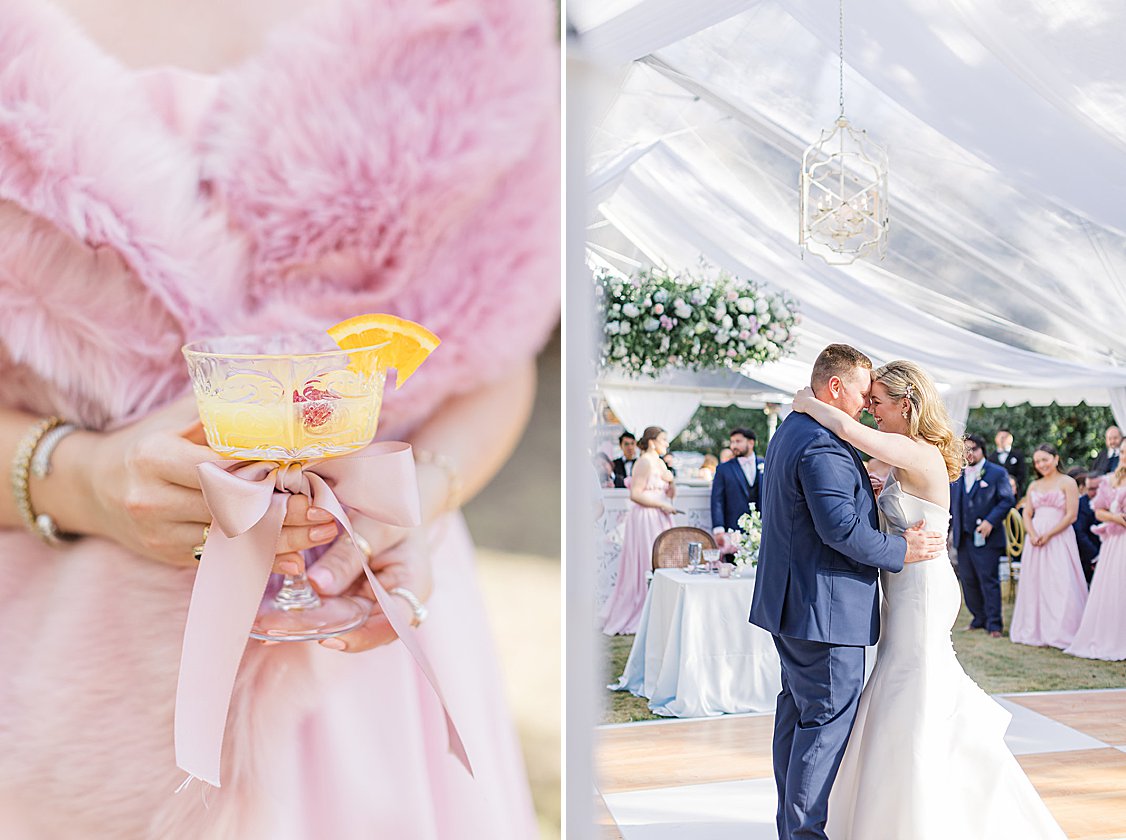 Luxury tented wedding reception with flowing drapery, glowing chandeliers, and elegant pastel table settings at private estate.