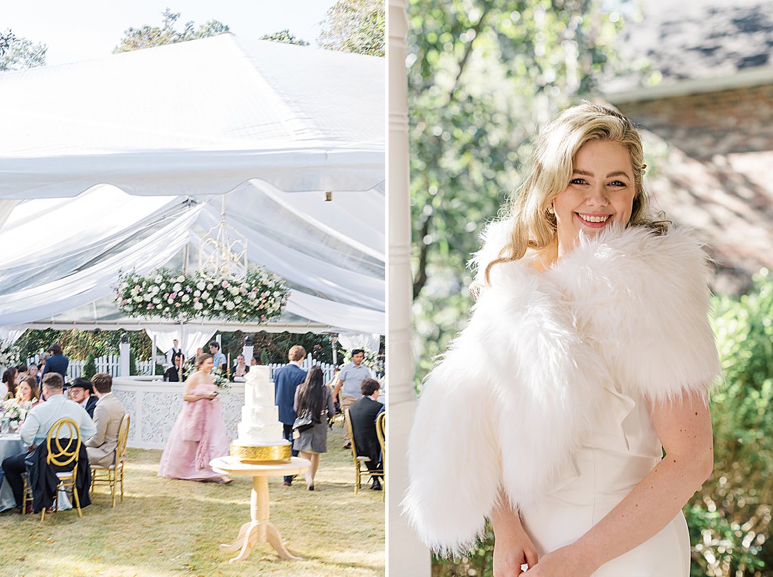 Luxury tented wedding reception with flowing drapery, glowing chandeliers, and elegant pastel table settings at private estate.