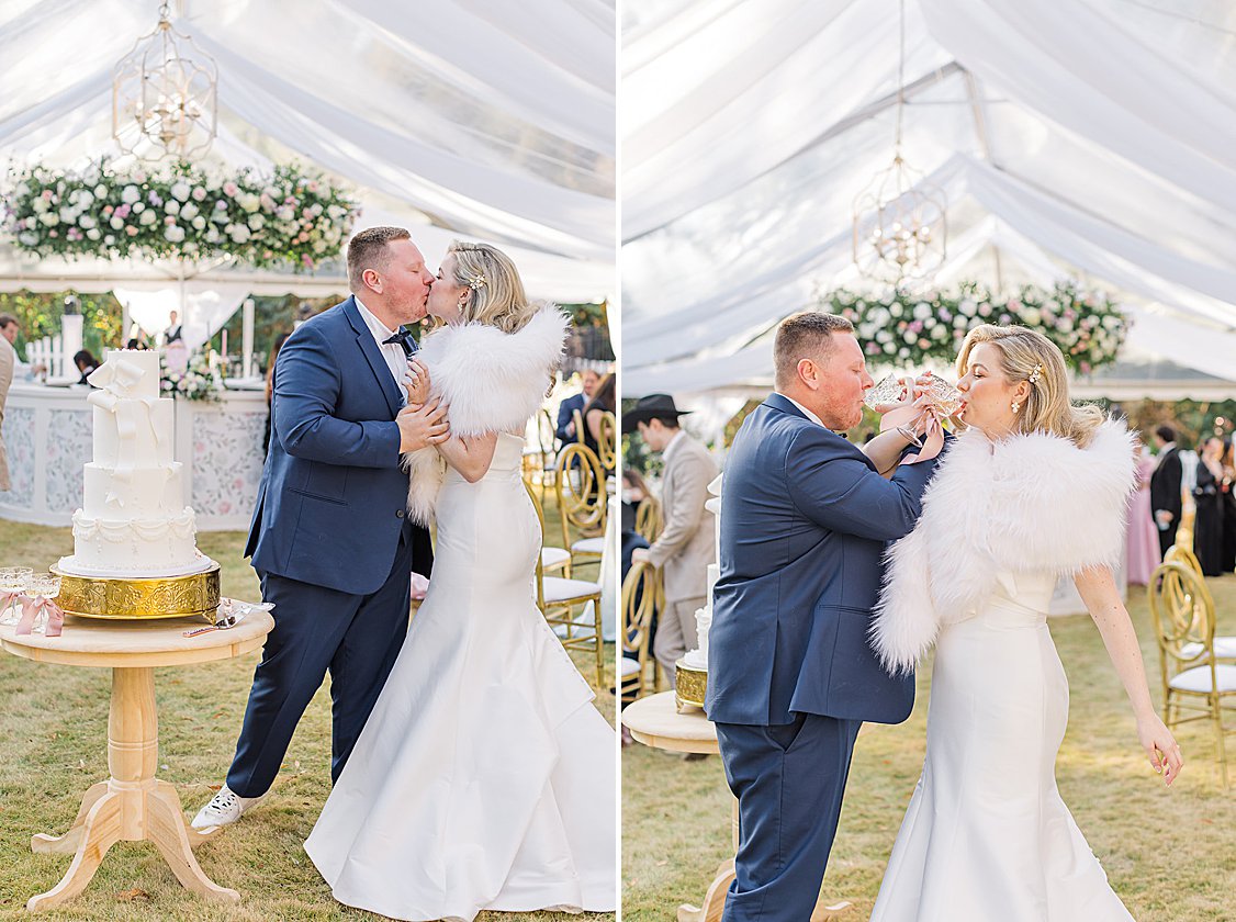 Luxury tented wedding reception with flowing drapery, glowing chandeliers, and elegant pastel table settings at private estate.