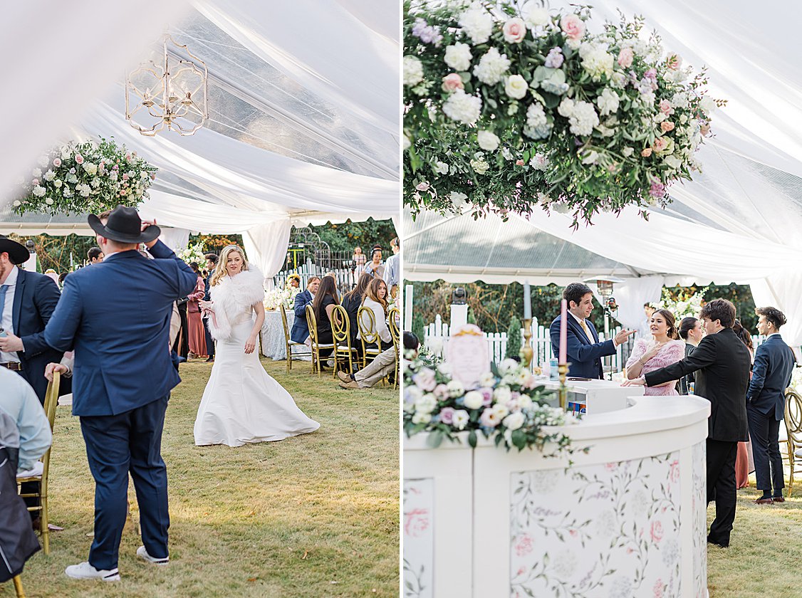 Luxury tented wedding reception with flowing drapery, glowing chandeliers, and elegant pastel table settings at private estate.