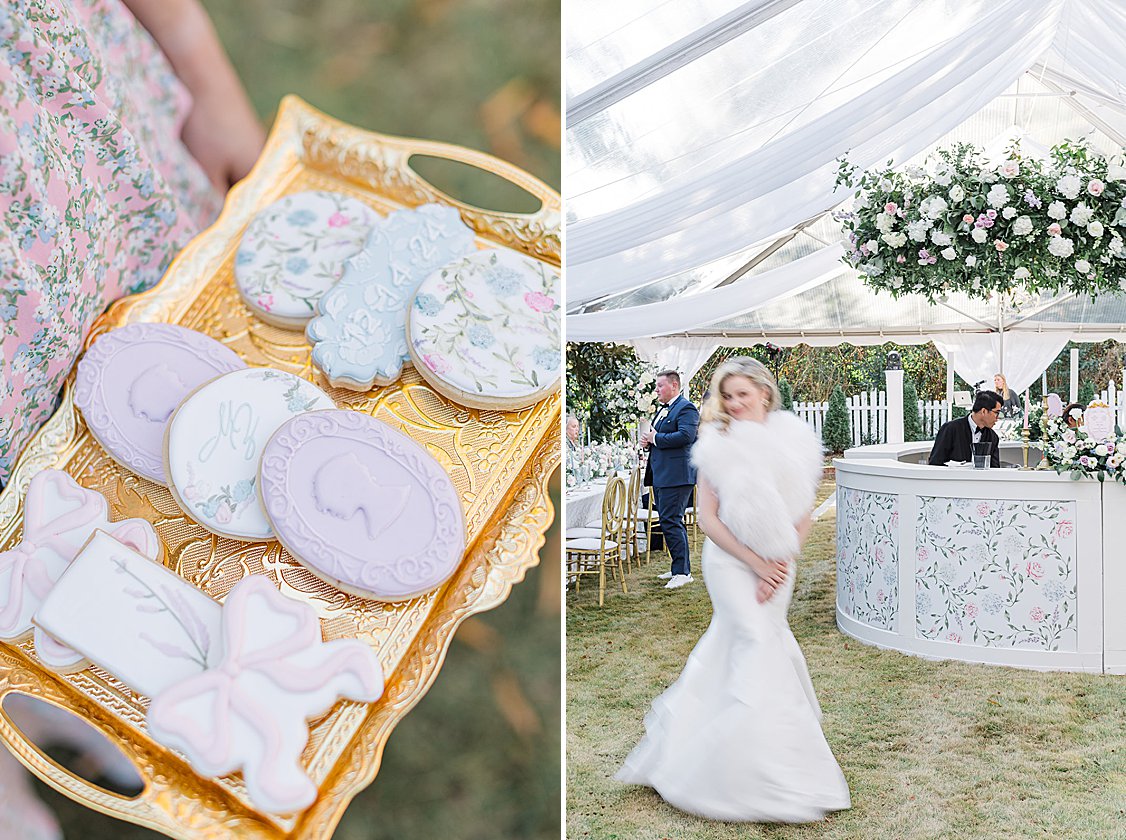 Luxury tented wedding reception with flowing drapery, glowing chandeliers, and elegant pastel table settings at private estate.